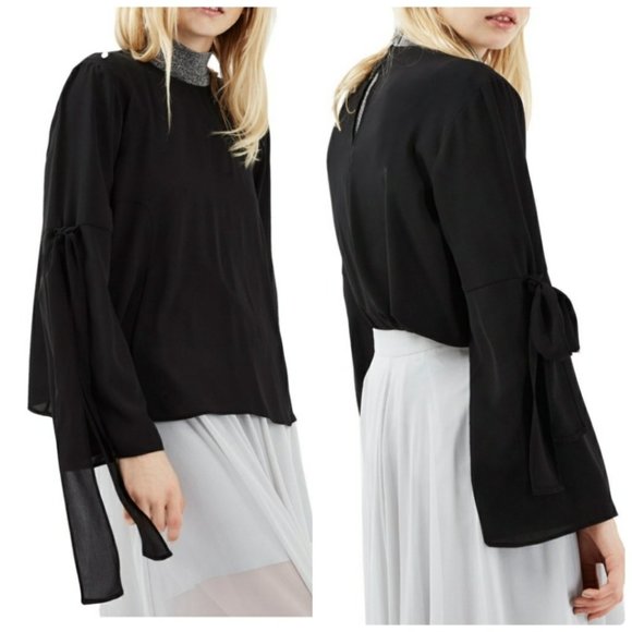 Topshop Tops - Topshop Bell Sleeve Blouse Top Black Tie Sleeve Flowy Chiffon 8 Medium